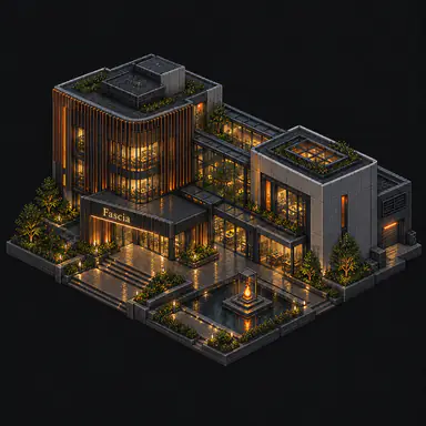 Isometric pixel-art headquarters of Fascia