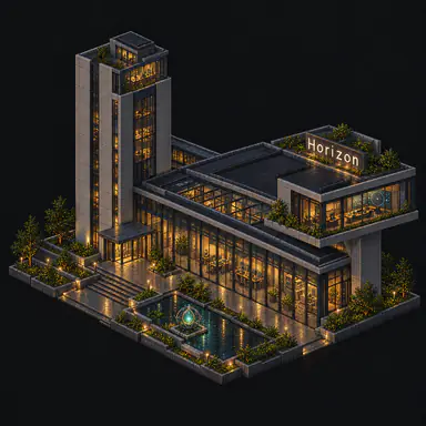 Isometric pixel-art headquarters of Horizon