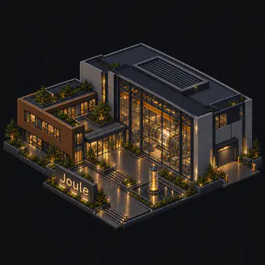 Isometric pixel-art headquarters of Joule