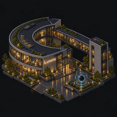 Isometric pixel-art headquarters of Lunette