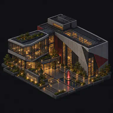 Isometric pixel-art headquarters of Norian