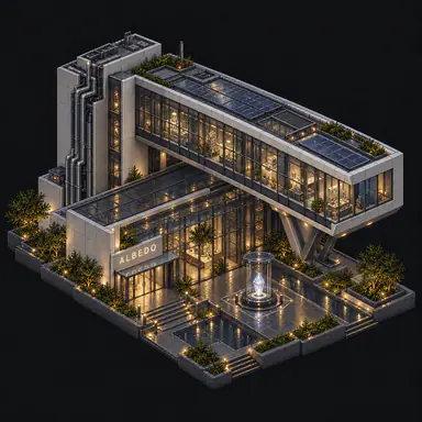 Isometric pixel-art headquarters of Albedo