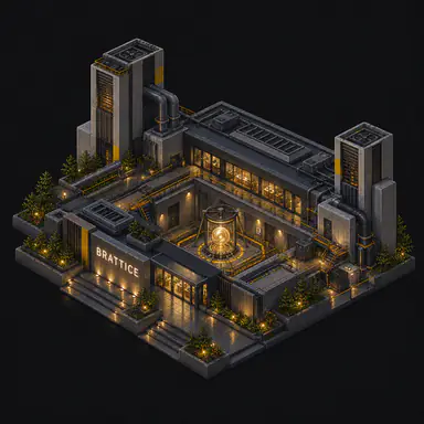 Isometric pixel-art headquarters of Brattice
