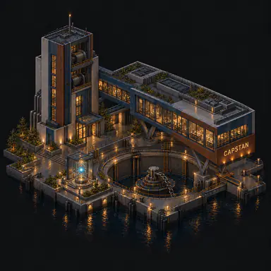Isometric pixel-art headquarters of Capstan