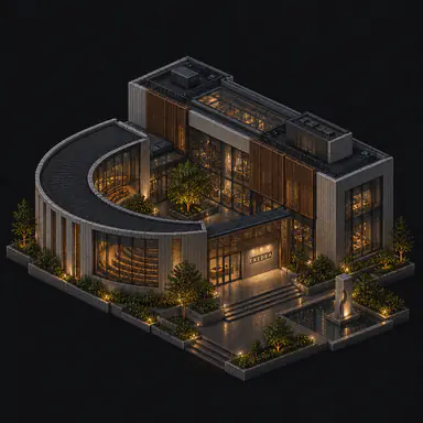 Isometric pixel-art headquarters of Exedra