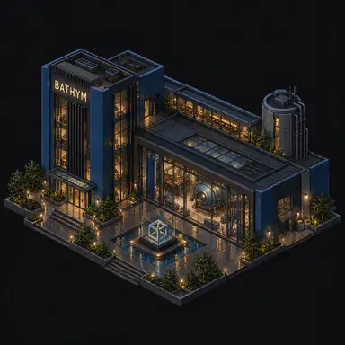 Isometric pixel-art headquarters of Bathym