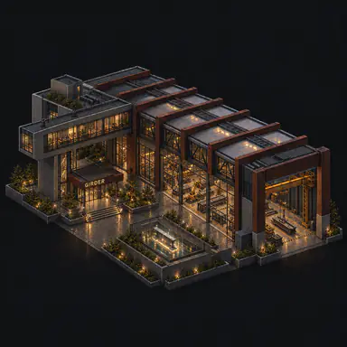 Isometric pixel-art headquarters of Girder