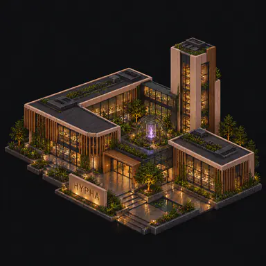 Isometric pixel-art headquarters of Hypha