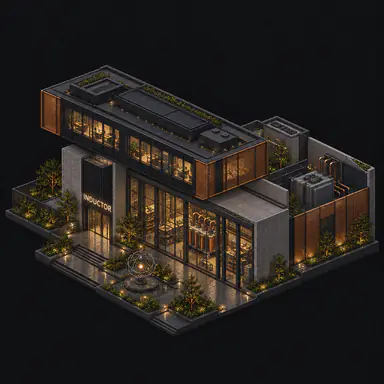 Isometric pixel-art headquarters of Inductor