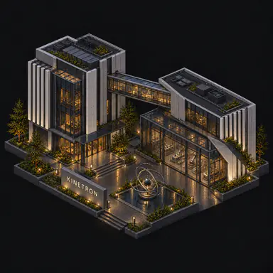 Isometric pixel-art headquarters of Kinetron