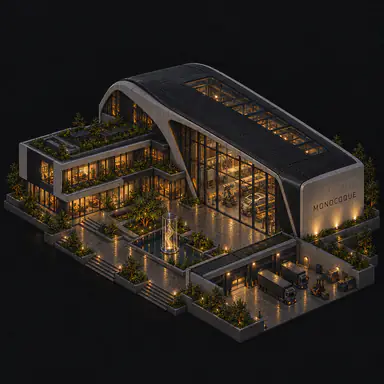 Isometric pixel-art headquarters of Monocoque