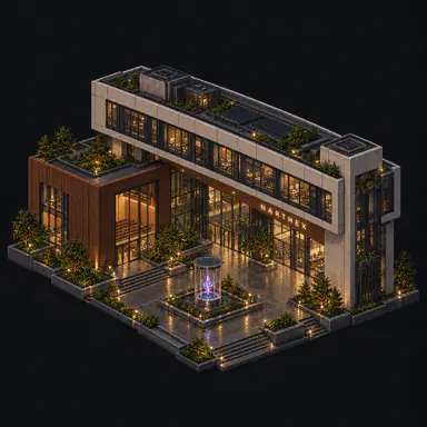 Isometric pixel-art headquarters of Narthex