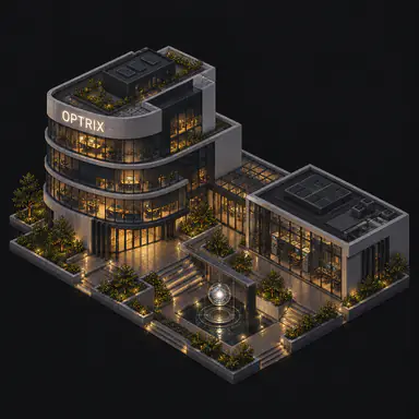 Isometric pixel-art headquarters of Optrix