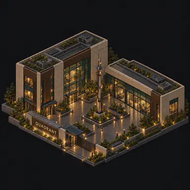 Isometric pixel-art headquarters of Quadrant
