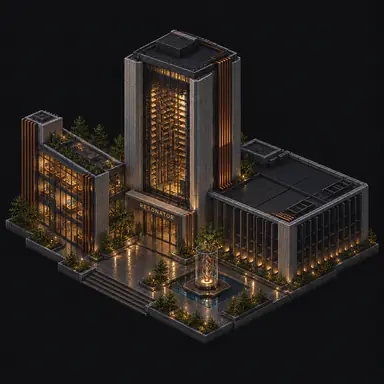 Isometric pixel-art headquarters of Resonator
