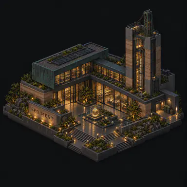 Isometric pixel-art headquarters of Sediment