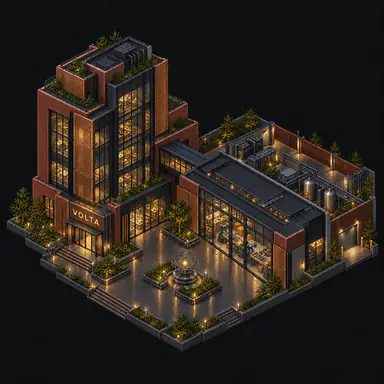 Isometric pixel-art headquarters of Volta