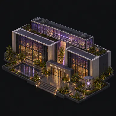 Isometric pixel-art headquarters of Wavelength