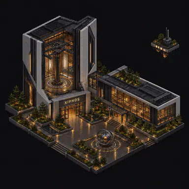 Isometric pixel-art headquarters of Xiphos