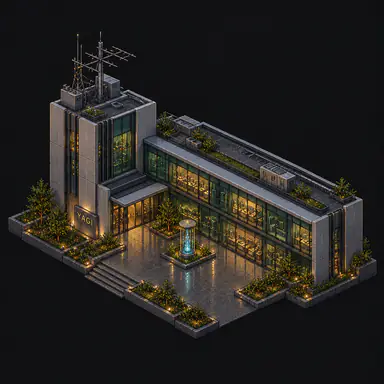 Isometric pixel-art headquarters of Yagi