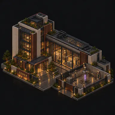 Isometric pixel-art headquarters of Zener