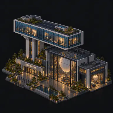 Isometric pixel-art headquarters of Aerostat