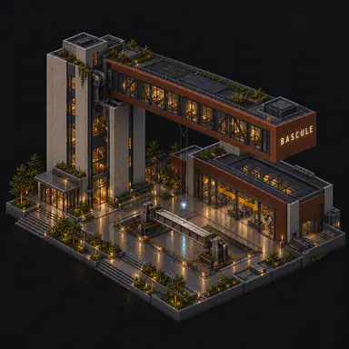 Isometric pixel-art headquarters of Bascule