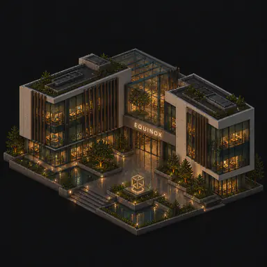 Isometric pixel-art headquarters of Equinox