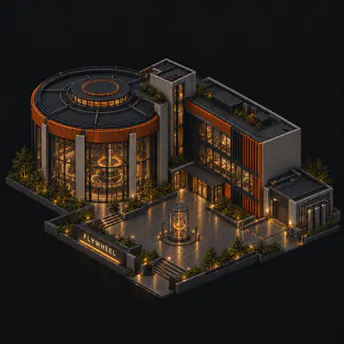 Isometric pixel-art headquarters of Flywheel