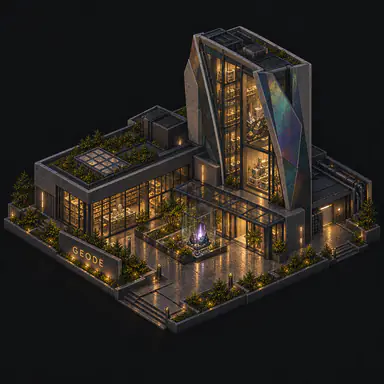 Isometric pixel-art headquarters of Geode