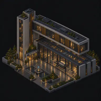 Isometric pixel-art headquarters of Harmonic