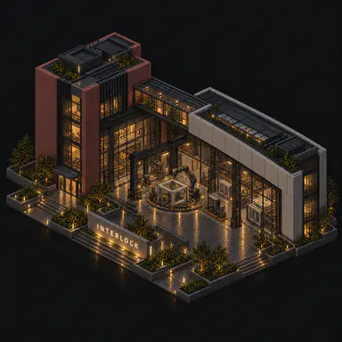 Isometric pixel-art headquarters of Interlock