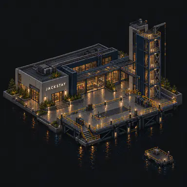 Isometric pixel-art headquarters of Jackstay