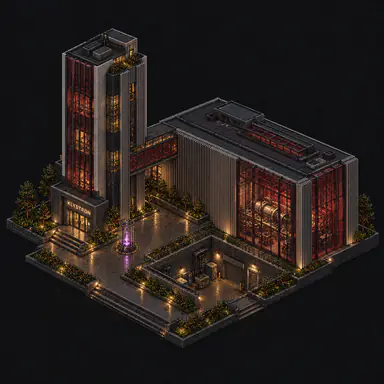 Isometric pixel-art headquarters of Klystron