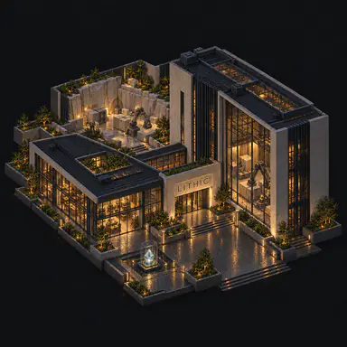 Isometric pixel-art headquarters of Lithic
