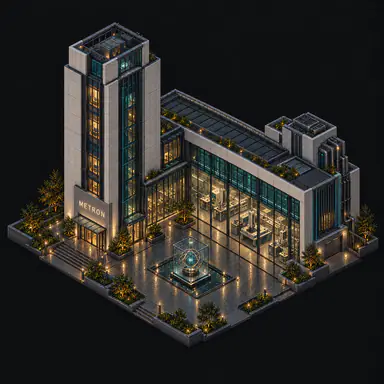 Isometric pixel-art headquarters of Metron