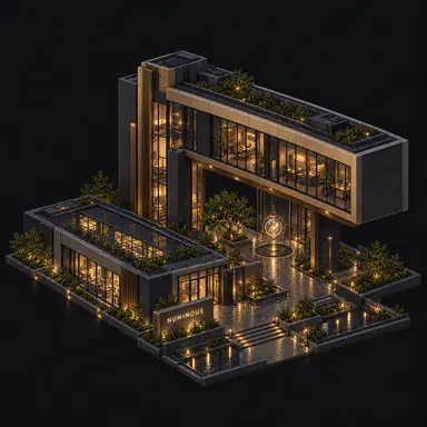Isometric pixel-art headquarters of Numinous