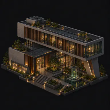 Isometric pixel-art headquarters of Overhang